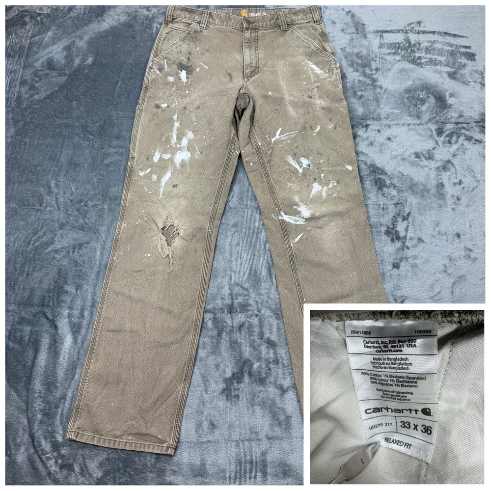 Carhartt Mens Relaxed Fit Carpenter Pants Tan Paint Splatter Distressed 33x34